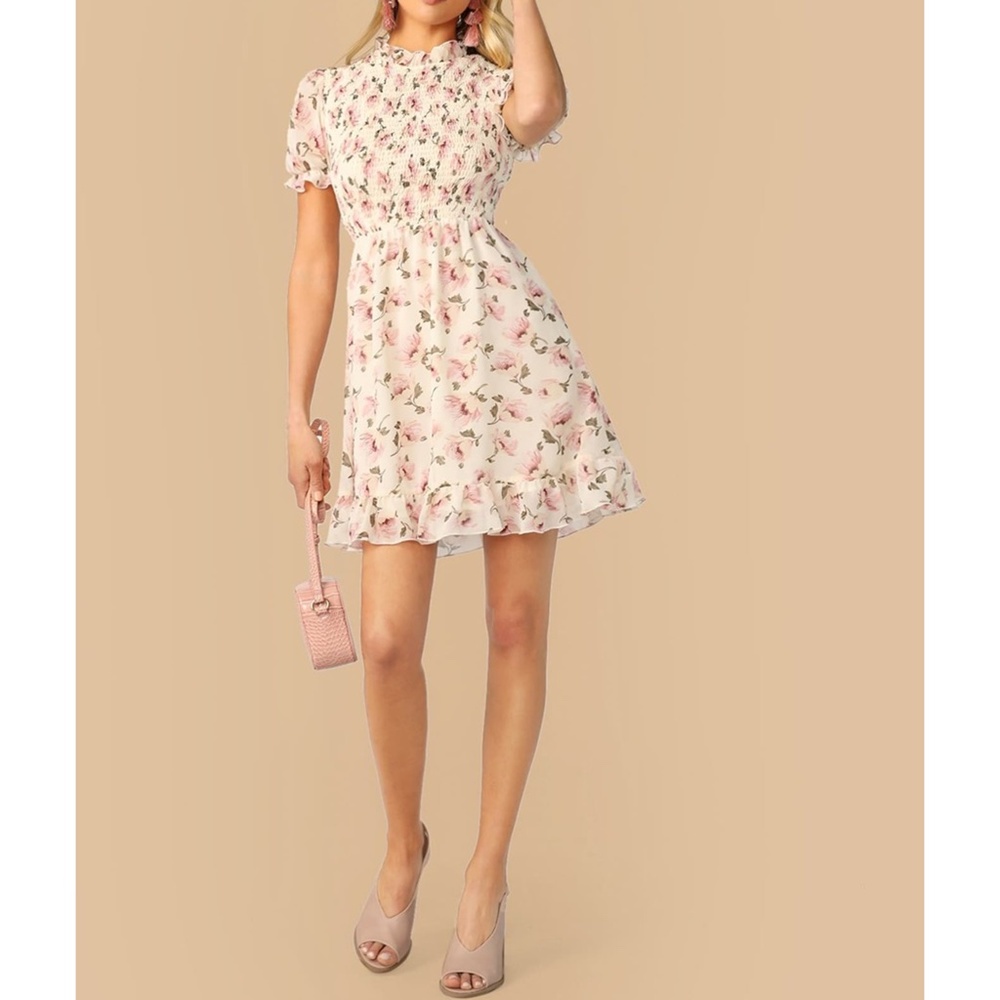 Beige Floral Ruffle Hem Shirred Fit & Flare Dress - Picture 5 of 6